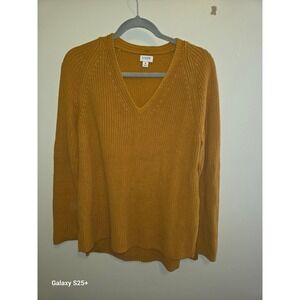 J.Crew Sweater Women Medium Mustard Yellow Excellent Shaker Stitch V-Neck Cotton